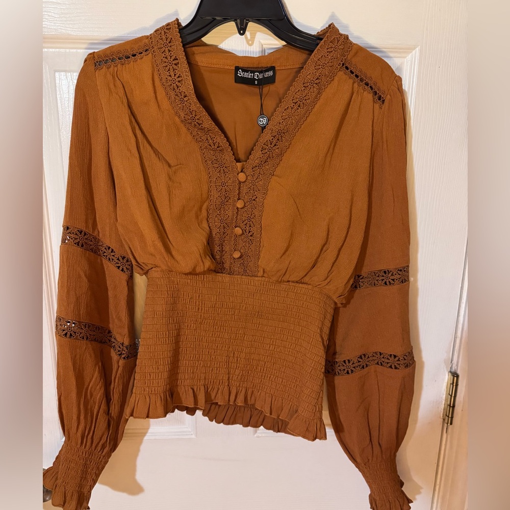 Brown/tan Lace Trim Women's Top
